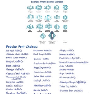 Może przedstawiać: Grafika prezentująca przykłady monogram&oacute;w i wybory czcionek. G&oacute;rna część pokazuje r&oacute;żne style monogram&oacute;w, w tym Belle, Vine i Octagon. Dolna sekcja wymienia opcje czcionek, takie jak Art Block, Ballentine Script i Bimini Wide, z przykładowym tekstem. Obraz zawiera tekst "Popular Monograms for Women".