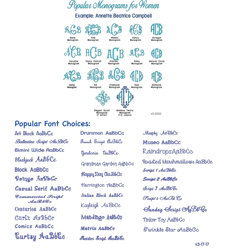 Może przedstawiać: Grafika prezentująca przykłady monogram&oacute;w i wybory czcionek. G&oacute;rna część pokazuje r&oacute;żne style monogram&oacute;w, w tym Belle, Vine i Octagon. Dolna sekcja wymienia opcje czcionek, takie jak Art Block, Ballentine Script i Bimini Wide, z przykładowym tekstem. Obraz zawiera tekst "Popular Monograms for Women".