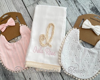 REVERSIBLE Boho Bib / 3 Colors to choose from /headband bow Included / Optional Burp Pad / Baby Shower Gift /Cute outfit accessory