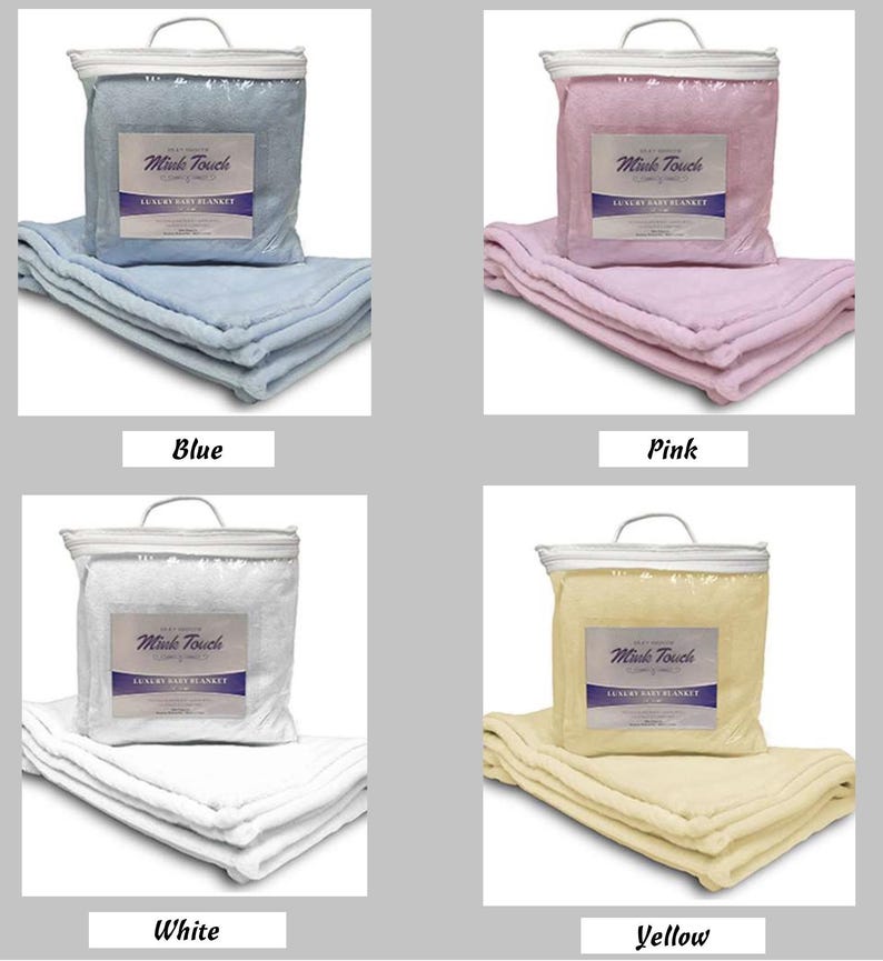 May include: Four baby blankets in different colors: blue, pink, white, and yellow. Each blanket is folded and packaged in a clear plastic bag with a handle. The label reads "Mink Touch Luxury Baby Blanket."