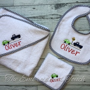 Personalized Car, Truck and Road design 3 piece Gingham Trim Hooded Towel Set -  with Washcloth & Bib - Baby Shower Gift  - Made in U.S.A