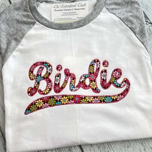 Appliqué Mimi (or any name) Raglan *Unisex* Slightly SLIMMER Body Shirt 3/4 sleeve- WHITE 100% Cotton BODY / Gramm Grandma Nana Mom Shirt