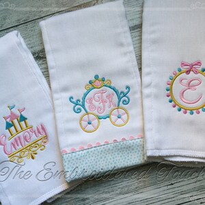 Personalized Baby Princess Burp Pad set with Monogram and Name -  Baby 3 Piece Burp Set - Shower Gift - Royal Castle and Carriage