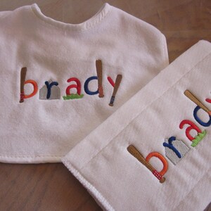 Personalized Bib & Burp pad set with Baseball (and Football) Themed Alphabet