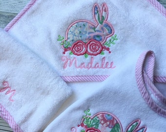 Personalized Hooded Towel Set - 3 piece Sweet Bunny Roses hooded towel set - towel, bib and washcloth - bath time - baby shower gift