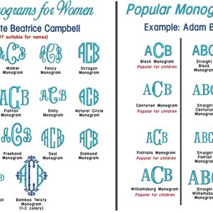 May include: A graphic featuring monogram examples for women and men. The text "Popular Monograms" is at the top. Examples include various letter combinations and styles, such as "Belle," "Vine," and "Block Monogram."