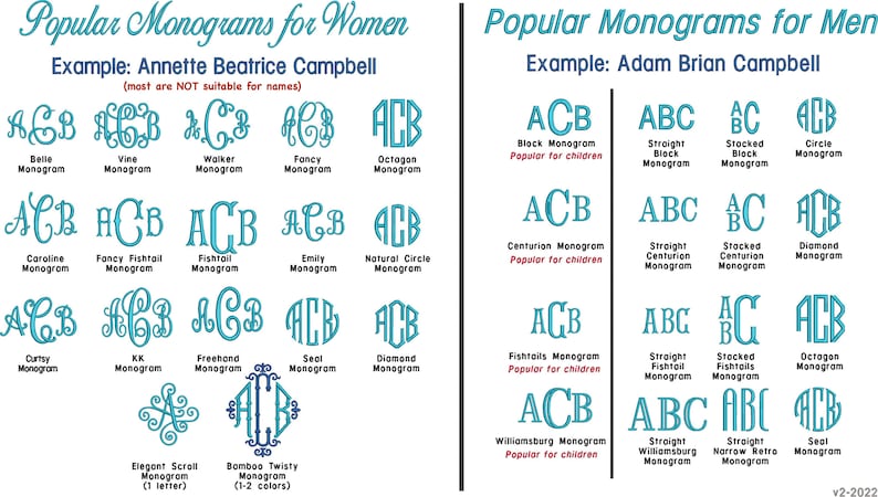 May include: A graphic featuring monogram examples for women and men. The text "Popular Monograms" is at the top. Examples include various letter combinations and styles, such as "Belle," "Vine," and "Block Monogram."