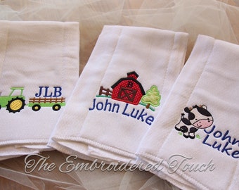 Personalized Farmer Burp pad Set / Cow Tractor & Appliqué barn design  /Perfect for Farmer or Rancher / 3 piece Set / Baby Shower Gift