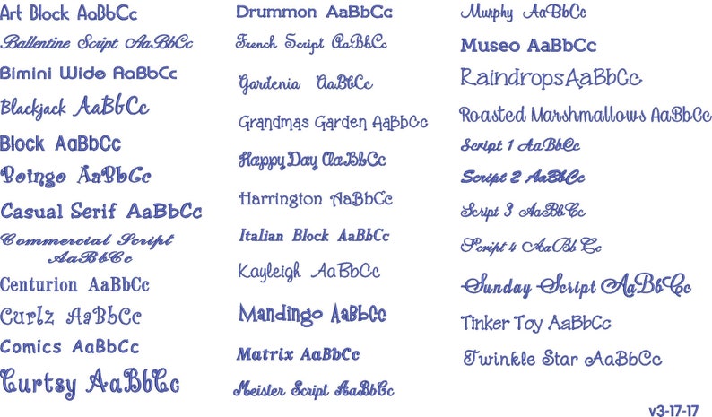 May include: A collection of various font styles displayed in a blue color. Each font is shown with the letters AaBbCc. The fonts include Art Block, Ballentine Script, Bimini Wide, and more.