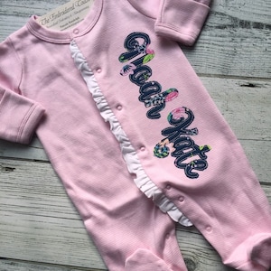 PINK with WHITE ruffle Footie Sleeper Monogrammed / Personalized / Baby Shower Gift / Ruffled Sleeper / Take Home Outfit for girl