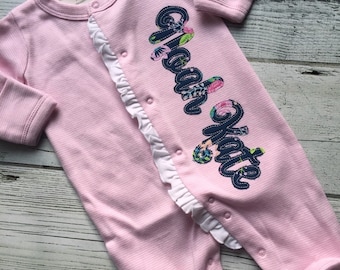 PINK with WHITE ruffle Footie Sleeper Monogrammed / Personalized / Baby Shower Gift / Ruffled Sleeper / Take Home Outfit for girl