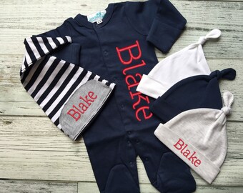 NAVY Footie Sleeper Footie Monogrammed / Personalized/ Baby Shower Gift / Take Home Outfit for him / Unisex