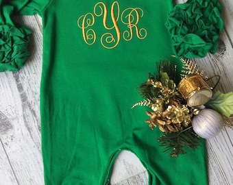 Red or Green Romper for Valentine, St Patrick or Christmas / Monogram Ruffle Icing Romper / Personalized Ruffle Romper/ Baby Shower Gift