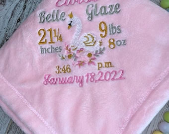 Personalized Baby Birthstats with Floral Swan theme on Mink Plush Blanket (you can choose color scheme!)