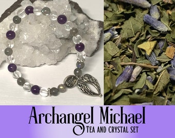 Archangel Michael Crystal and Tea Gift Set, Lavender And Peppermint Tea, Crystal Bracelet, Clear Quartz, Amethyst, Labradorite, Protection