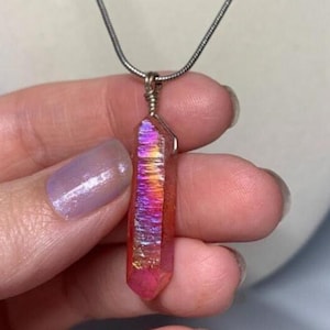 Ruby Aura Quartz Crystal Necklace, Heart and Root Chakra