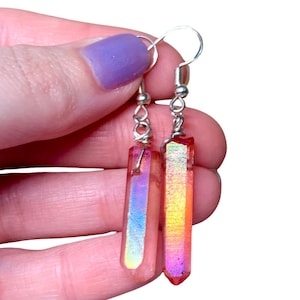 Ruby Aura Quartz Crystal Earrings, Aries, Leo and Scorpio, Chakra Heart and Root, Sterling Silver Jewelry, Healing Stone