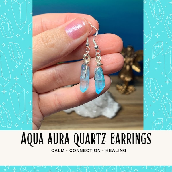 Aqua Aura Quartz Crystal Earrings, Throat Chakra Jewelry, Healing Stone, Zodiac Sign Aquarius