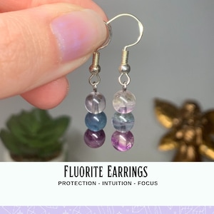Fluorite Crystal Earrings, Rainbow Gemstone, Sterling Silver Jewelry, Crown and Third Eye Chakra, Healing stone