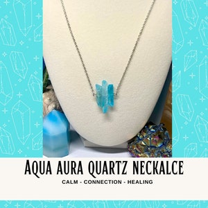 Aqua Aura Quartz Crystal Necklace, Throat Chakra Jewelry, Pointed Quartz