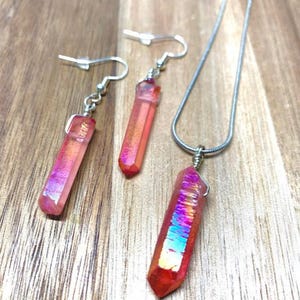 Ruby Aura Quartz Necklace and Earring Set: Silver Crystal Jewelry