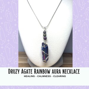 Druzy Agate, Rainbow Aura Quartz Necklace, Chakra Balancing Crystal, Crown and Heart