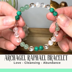 Archangel Raphael Bracelet, Crystal Jewelry, Malachite, Aventurine, Selenite, Heart and Crown Chakra Healing