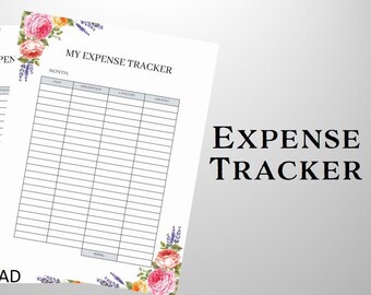 May include: Printable expense tracker with floral border. The tracker has columns for month, date, description, category, and amount. The text "My Expense Tracker" is at the top of the page.