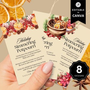 May include: Eight printable gift tags featuring a watercolor illustration of a bowl of simmering potpourri with oranges, cinnamon sticks, and pine cones. The text on the tags reads "Holiday Simmering Potpourri" and includes instructions for using the potpourri.