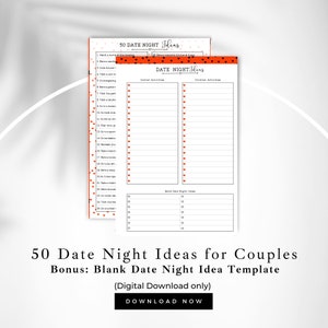 50 Date Night Ideas for Married Couples / Printable Date Night Ideas / Anniversary Date Night List / Date Night Idea Template / Planner List
