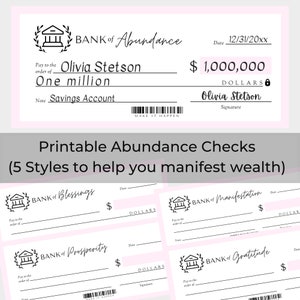 Conjunto de cheques de abundancia imprimible / Conjunto de cheques de manifestación / Herramienta de manifestación / Banco de gratitud / Banco de bendiciones / Banco de prosperidad