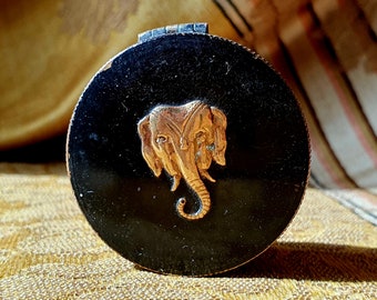RARE Antique French EASTERN FOAM Miniature Art-Deco Powder Compact-Relief Gold Elephant Head Profile Lid-Mirrored Superb Collectablec.1920's