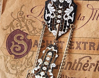 Antique French Religious Black & White Enamelled Silver Chatelaine Belt Chain-Striking Detail-Scroll,Star, Crucifix-Stunning and Exquisite