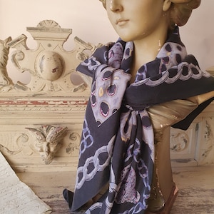Striking Designer-Inspired Vintage French Black & Grey Cheetah and Chains Silk Scarf-Stunning Design-Hand Rolled Hand Sewn Edges-Beautiful!