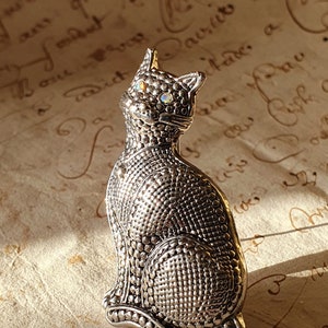 Unique Vintage French Seated Silvertone Feline Cat Brooch / Textured Creature Pin, Rhinestone Eyes Cat Study, Collectable Pin, Stylish Pose