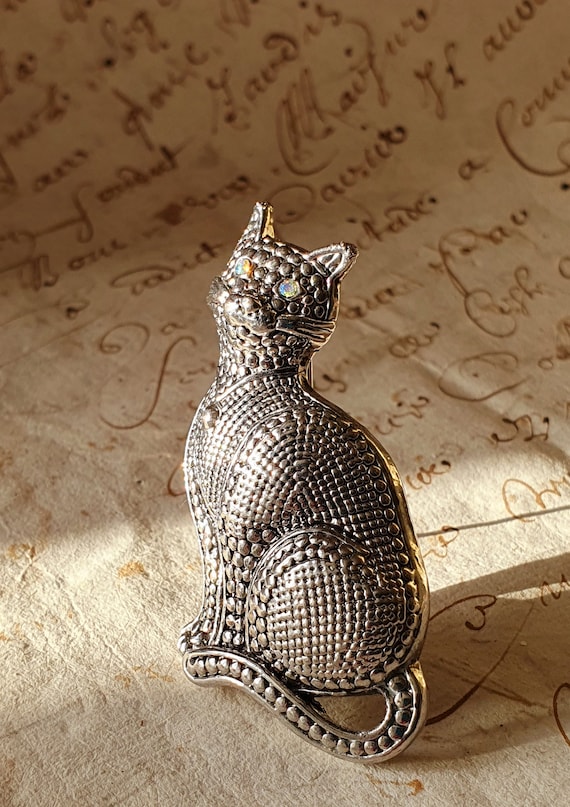 Broche Chat Argenté Avec Strass - Métal Et Cristal, Design Mignon, Neuf Sans Emballage
