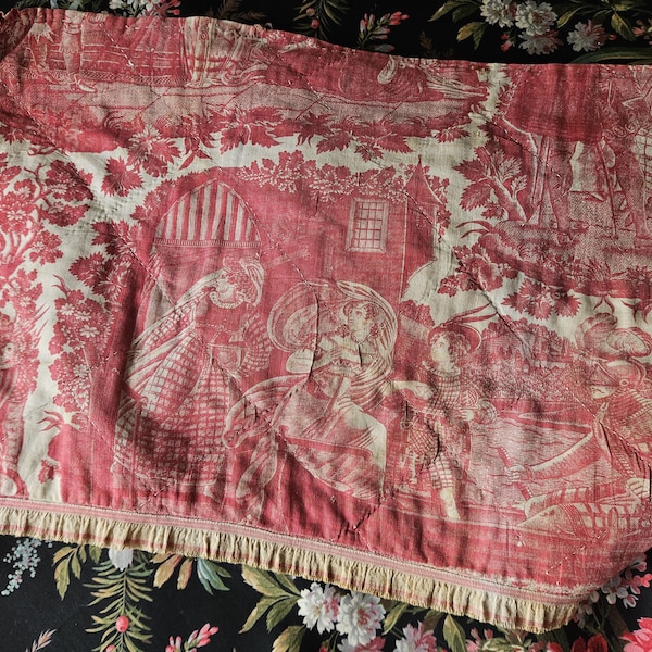 RARE 18thC Antique French Toile de Nantes-attributed to Favre Petitpierre & Cie.-Feintly Quilted Pink + White Wedding Themed Toile de Jouy
