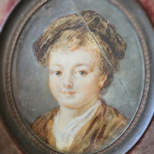 Stunning Antique French Framed Picture-Sublime Image of a Young Child-Timeworn Burgandy Velvet Border-Oval Framed-Unique Home Decor Image