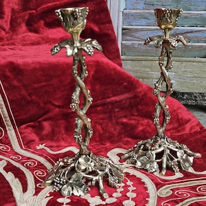 Può includere: Una coppia di candelabri in ottone con un design a stelo di vite intrecciato, caratterizzato da grappoli d'uva e foglie dettagliate alla base e sulla sommità. Il metallo ha una finitura dorata lucida e i portacandele ricordano boccioli di fiori.