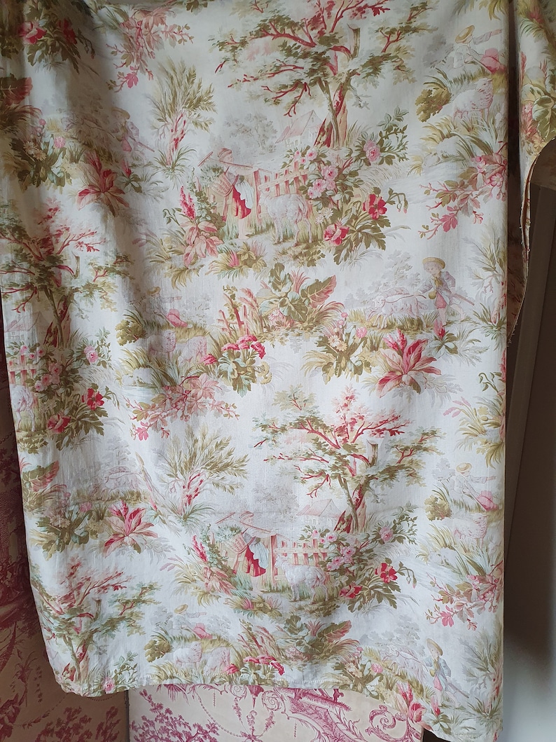 Impresionante y raro remanente de la antigua tela de algodón francesa Napoleón III Toile de Jouy, encantador textil escaso por excelencia francés imagen 7