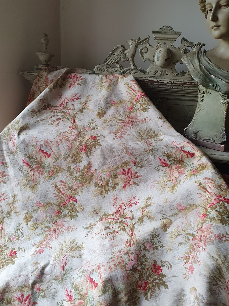 Impresionante y raro remanente de la antigua tela de algodón francesa Napoleón III Toile de Jouy, encantador textil escaso por excelencia francés imagen 3
