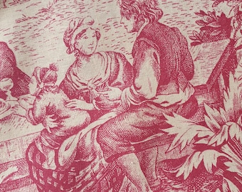 Striking Remnant of Vintage French PASTORALE Burgandy & Cream Toile de Jouy Cotton printed Fabric-Charming Rural ScenesLandscape,Animals etc