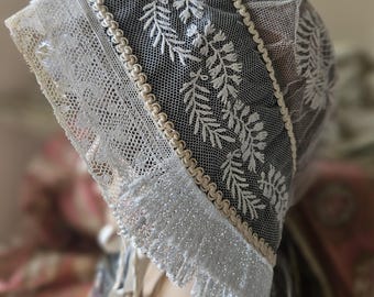 19世紀アンティークフランス製ハンドメイド刺繍レース＆チュールノル