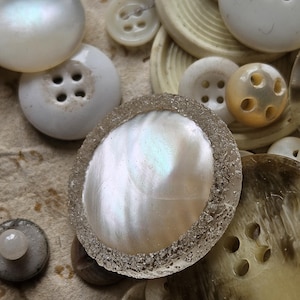 May include: A collection of vintage white and cream colored buttons, including a large, iridescent, mother-of-pearl button with a textured edge.
