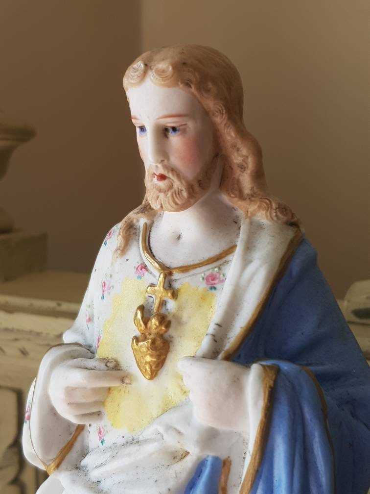 Exquise Primitive Antique Français Porcelaine Religieuse Bisque Jésus Sacre Coeur Figurine-Circa.188