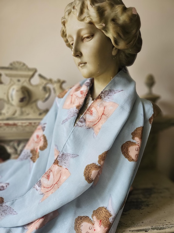 Beautiful Sublime Vintage French Silk Scarf / Foulard-Unique Colour Palette & Cherubs Design-100% Silk