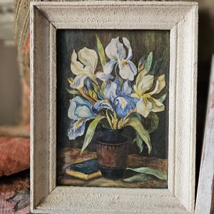 Trio raro e requintado de aquarelas florais emolduradas assinadas por artistas franceses vintage - pinturas em miniatura francesas sublimes - SERGINE década de 1950