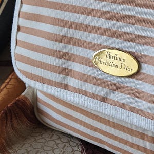 Gorgeous Christian Dior, Paris Coffee/White Striped Cosmetic Trousse Toilette or Pouch-Gold Logo'd CD Hardware-Fab Dior Boudoir Toiletry Bag