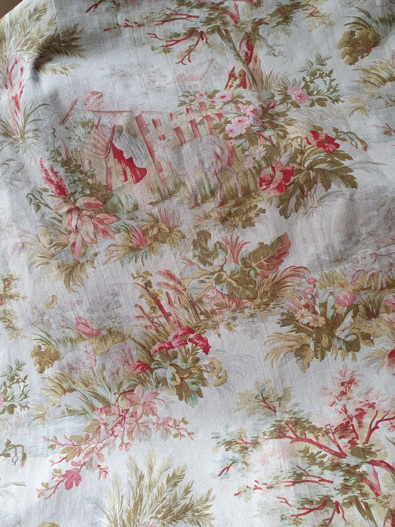 Impresionante y raro remanente de la antigua tela de algodón francesa Napoleón III Toile de Jouy, encantador textil escaso por excelencia francés imagen 4