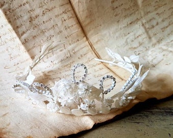 Vintage French Handcrafted Aurora Borealis Crystal & Faux Pearl Wedding Tiara,Superb Equisite and Unique Abstract Handcrafted Piece